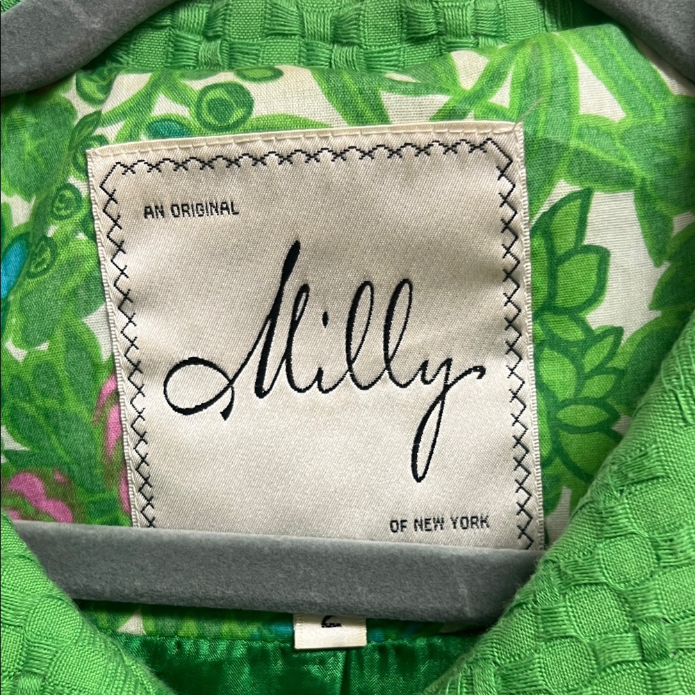 Milly Vibrant Green Woven Cotton Retro 3/4 Sleeve Coat Gold Buttons Size 2 - Picture 2 of 10